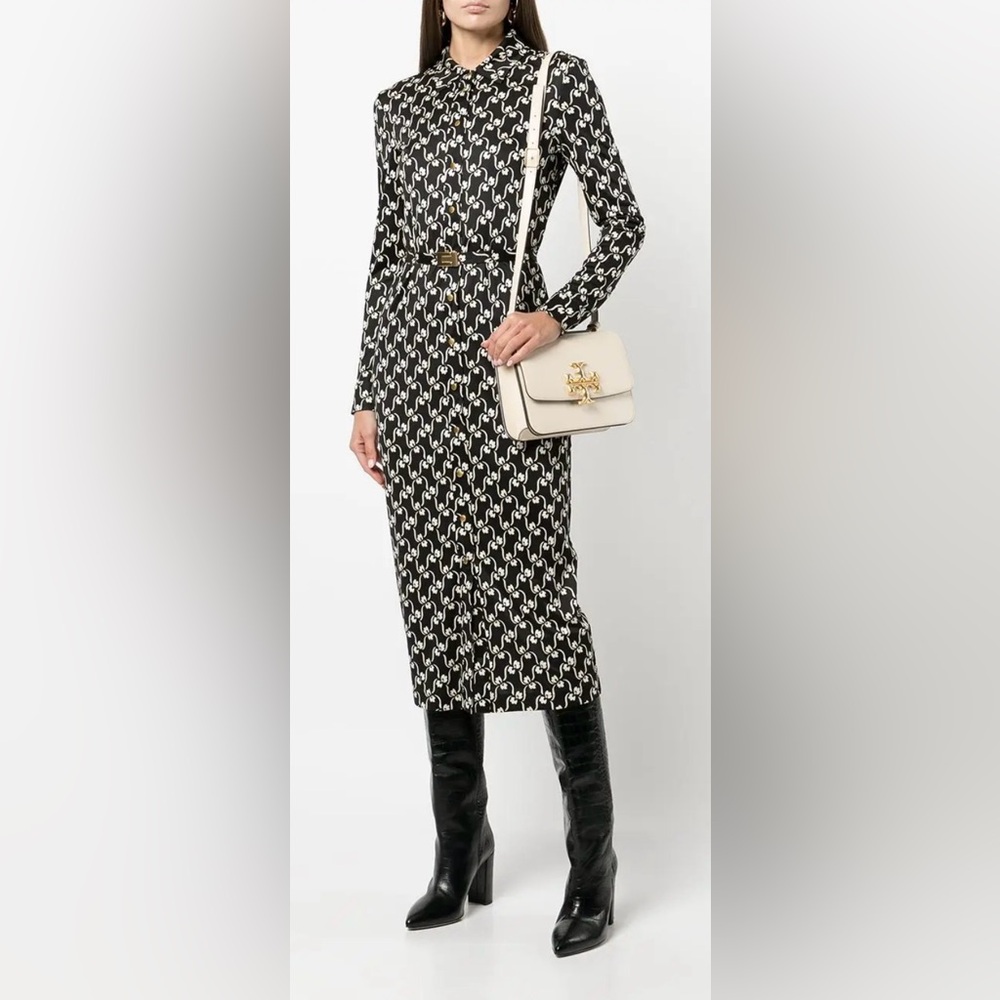 Tory Burch Black and White Long Sleeve Ilk polo midi Dress, XS